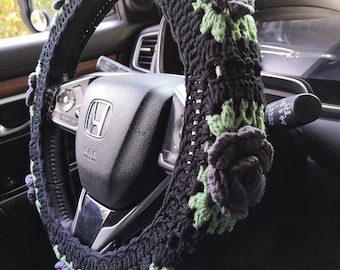 Roses Flower Steering Wheel Cover For Women, Crochet Car Steering Wheel Cover,Cute Roses Flower seatbelt cover,crochet roses flower,car gift