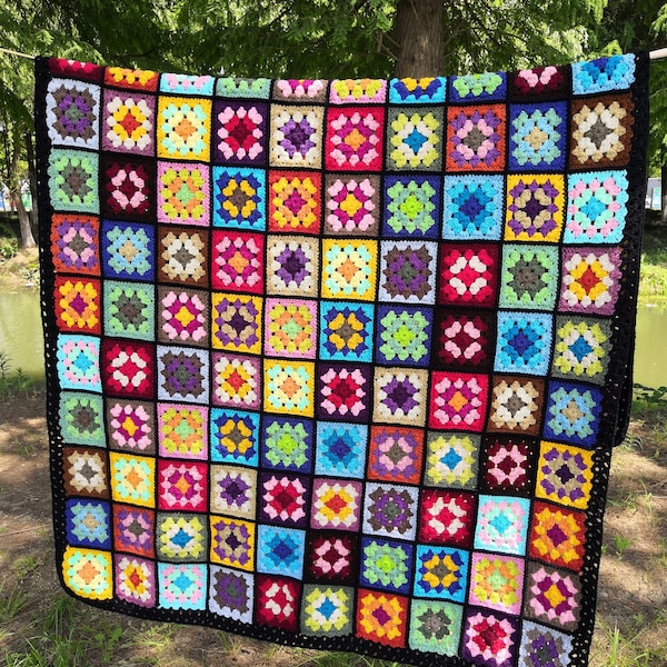 Manta cuadrada de abuela tejida a crochet hecha a mano: manta afgana colorida