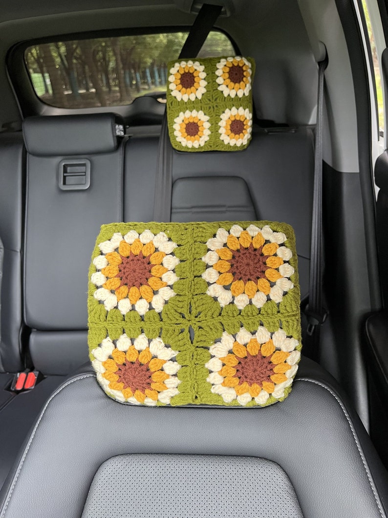 Handmade Crochet Sunflower Car Headrest Cover: Colorful Car Decor image 8