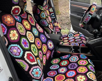 Handmade Crochet Car Seat Cover: Galsang Flower Auto Interior Decor