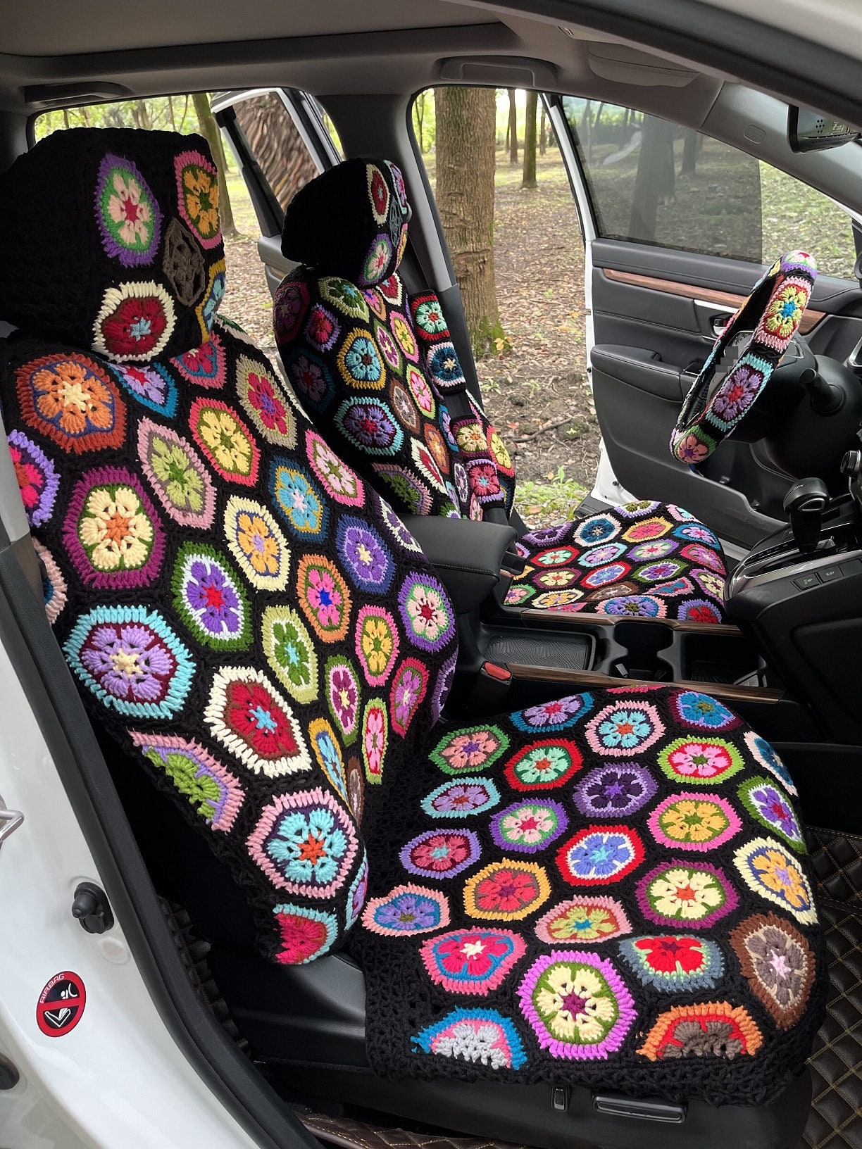 Car Seat Cover,crochet Seat Covers,rainbow Granny Square Steering Wheel  Cover Seat Cover Headrest Covers Car Accessories,car Interior Design 