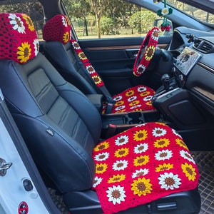 Crochet Car Seat Covers,Sunflower Handmade Crochet Car Seat Cover for women,Cute Steering Wheel Cover,Flower Seat Belt Cover,Car decorations