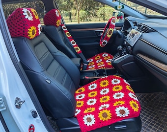 Handmade Crochet Sunflower Car Seat Cover Set: Steering Wheel & Belt Cover