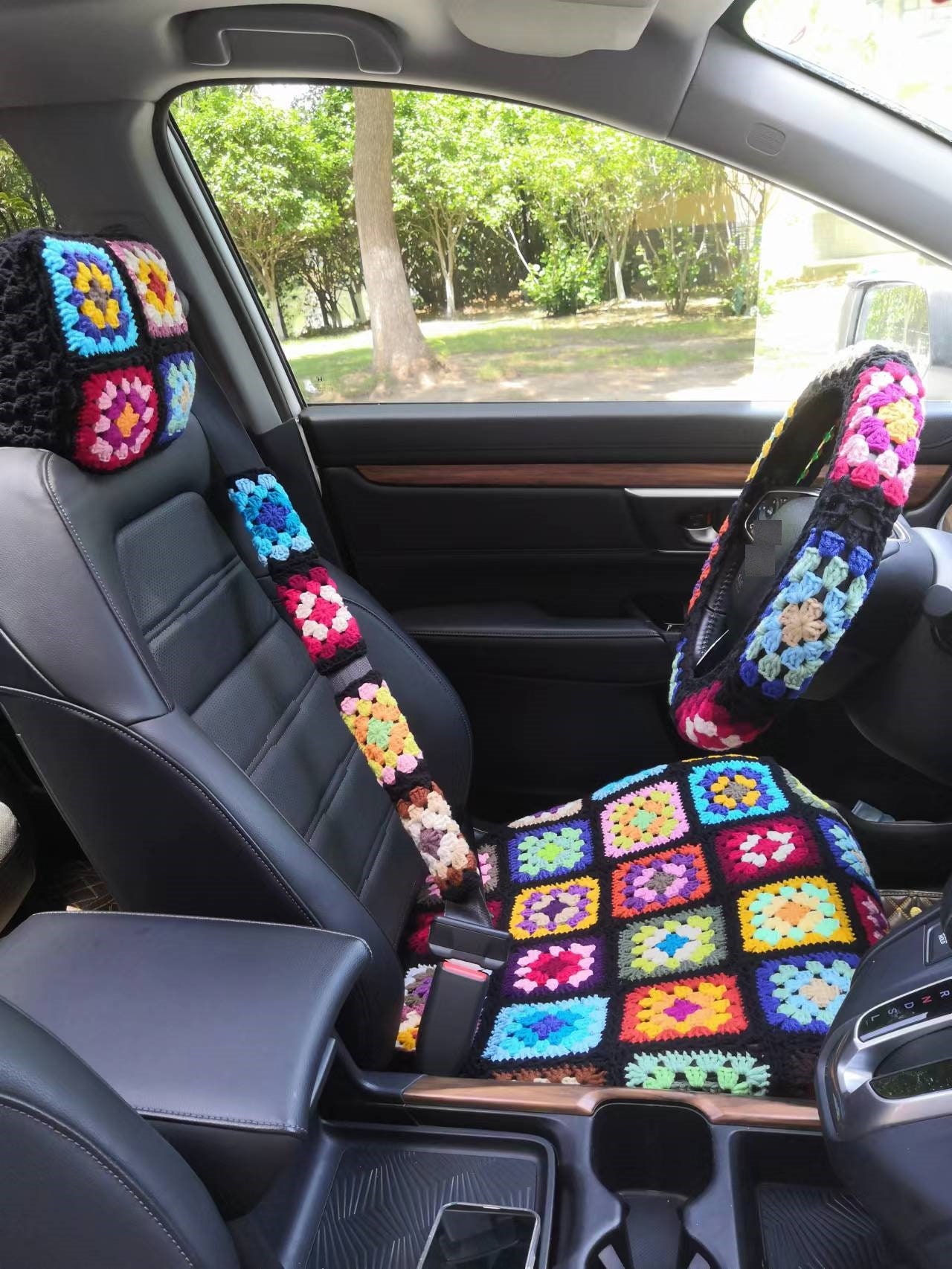 Car Seat Cover,crochet Seat Covers,rainbow Granny Square Steering