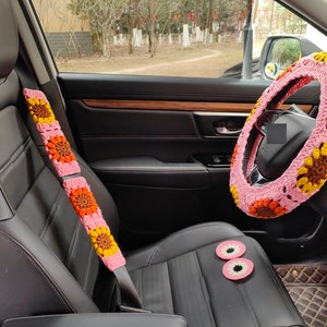 Steering Wheel Cover,Sunflower Crochet Seat Belt Cover,Steering Wheel Cover crochet,Women Car interior Accessories decorations