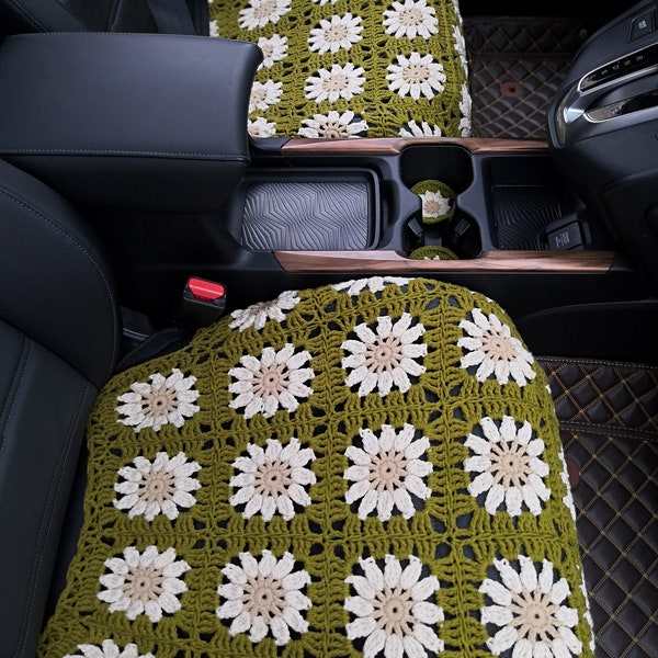 Car Seat Cover,Crochet Sunflower Seat covers,Car Front Seat Headrest Covers Car Accessories Gifts,Boho Car Interior Design, Car Decor Cover