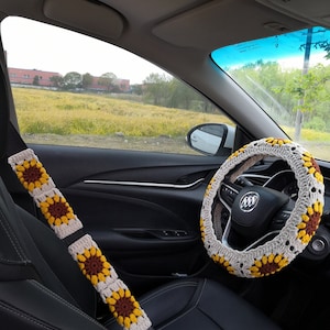 Car Steering Wheel Cover,Crochet Sunflower Steering Wheel Cover For Women,Sunflower Seat Belt Cover,Cute Steering Wheel Cover,Gift For Her