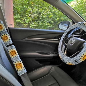 Sunflower Crochet Steering Wheel Cover Granny square BOHO Hippie Chic car accessory style,Crochet Sunflower Seat Belt cover,Crochet Gift