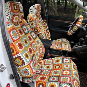 Fundas para asientos de coche, fundas de asiento de girasol tejidas a mano, fundas para reposacabezas de asientos delanteros de coche, funda de volante tejida a crochet, funda para cinturón de seguridad