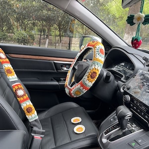 Steering Wheel Cover,Crochet Rainbow Sunflower Granny Square Steering Wheel Cover,Seat Belt Cover,Car interior Accessories decorations