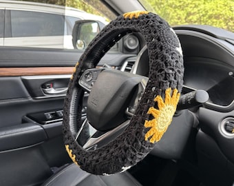 Crochet Sun Moon Car Accessories: Steering Wheel Cover & Seatbelt Covers