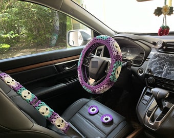 Crochet Steering Wheel Cover,Skull Crochet Seat Belt Cover,Cute Purple Skull Steering Wheel Cover,Crochet car accessories