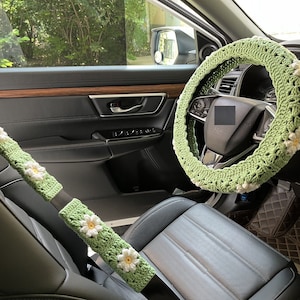 Car Steering Wheel Cover,Crochet Daisy Steering Wheel Cover,Daisy Seat Belt Cover,Steering Wheel Cover Crochet,Crochet car accessories