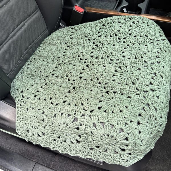 Autostoelhoes gehaakte zonnebloem: saliegroen autodecor