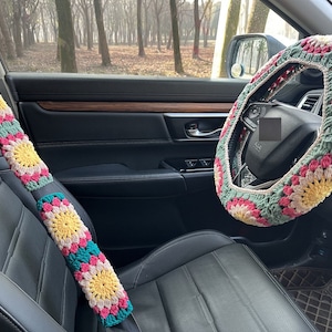 ひまわりの車のハンドルカバー、かぎ針編みのハンドルカバー、花のシートベルトカバー、かわいいハンドルカバー、車のアクセサリー