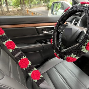 3D Roses Flower Car Steering Wheel Cover For Women,Crochet Steering Wheel Cover,Roses seat belt Cover,Car interior Accessories decorations