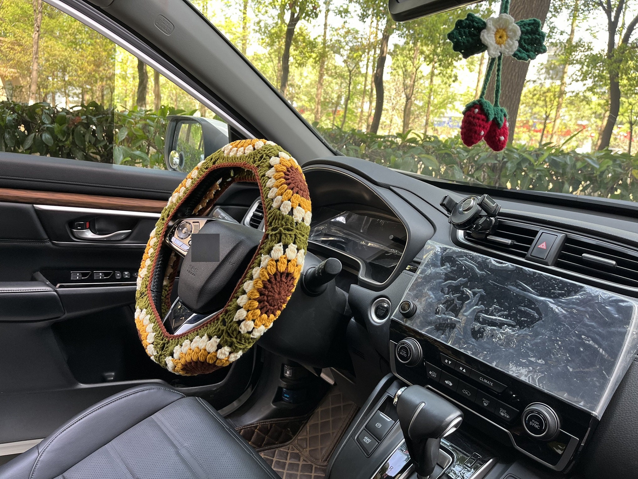 Sonnenblumen Auto Steuerrad Hülle,Gehäkelte Steuerrad Hülle,Blumen Gurthülle,Süße Steuerrad Hülle,Auto Zubehör
