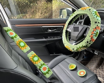 Crochet Sunflower Car Steering Wheel Cover: Handmade Auto Accessories