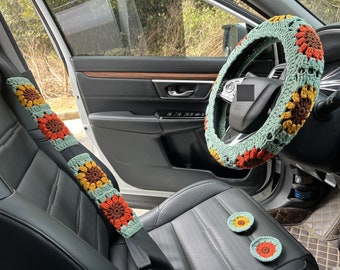 Sunflower Car Steering Wheel Cover,Crochet Steering Wheel Cover,Flower seat belt Cover,Cute Steering Wheel Cover,Car Accessories