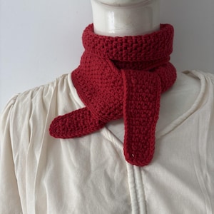 May include: A vibrant red crochet scarf is displayed on a mannequin. The scarf is wrapped around the neck and has a thick, textured appearance. The ends of the scarf hang down, showcasing the detailed crochet work. The background is a plain white.