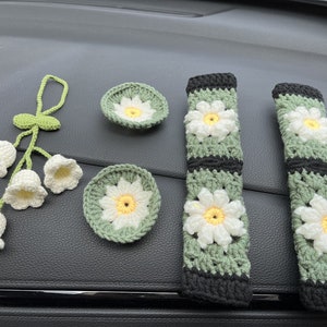 Handmade Crochet Steering Wheel Cover for women,Cute Daisy seat belt Cover,Car Mirror Hanging Pendant,Car interior Accessories decorations