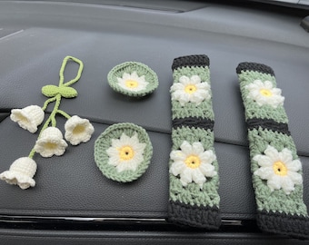 Handmade Crochet Steering Wheel Cover for women,Cute Daisy seat belt Cover,Car Mirror Hanging Pendant,Car interior Accessories decorations