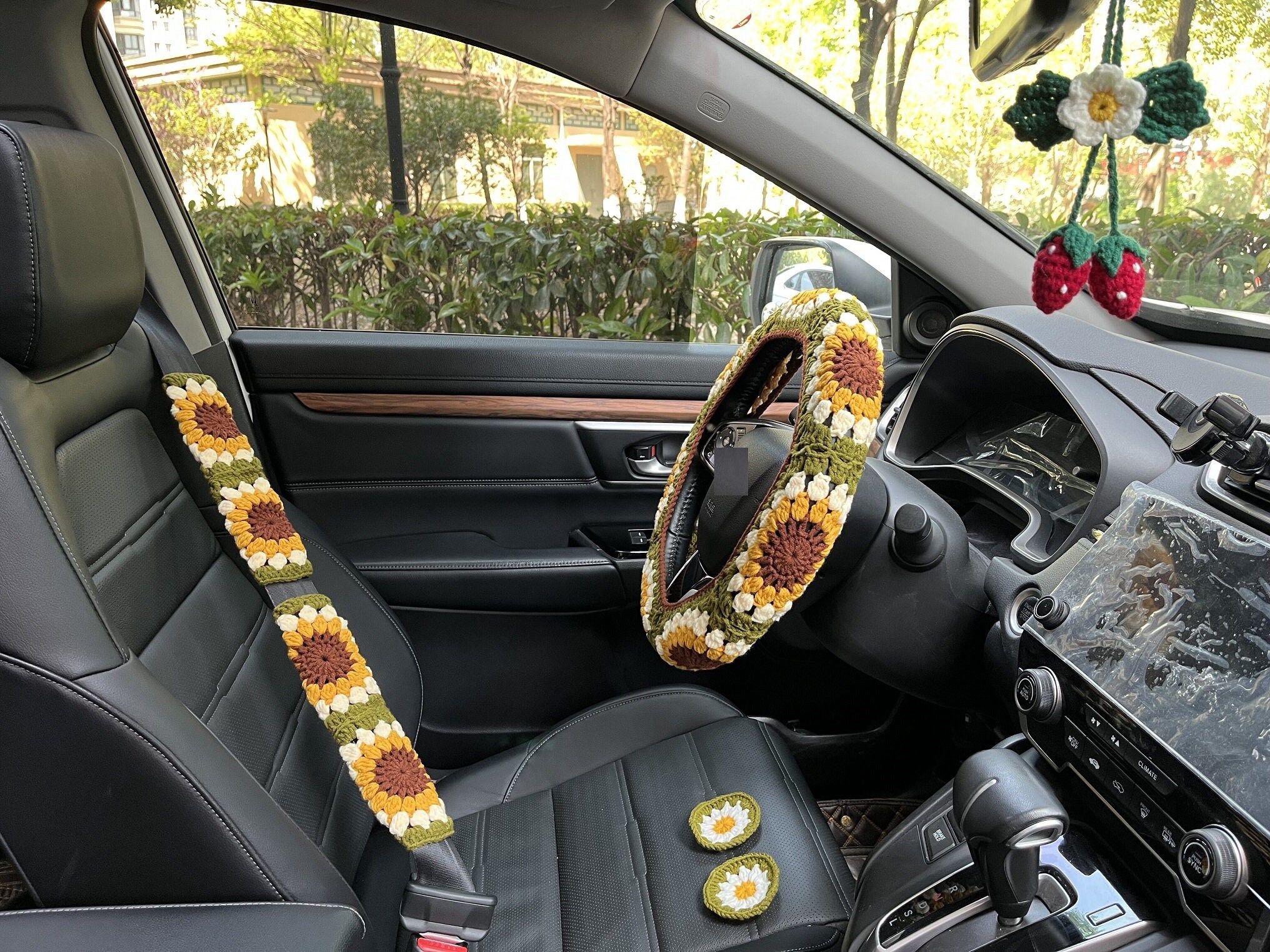 Sonnenblumen Auto Steuerrad Hülle,Gehäkelte Steuerrad Hülle,Blumen Gurthülle,Süße Steuerrad Hülle,Auto Zubehör