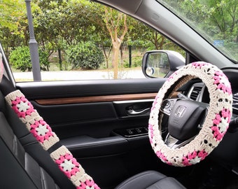 Handmade Crochet Steering Wheel Cover Set: Sunflower Car Accessories