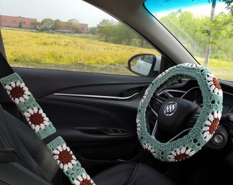 Steering Wheel Cover,Crochet Sunflower Steering Wheel Cover,Cute Steering Wheel Cover for Car,Steering Wheel Cover for Women&Girl,Car Gift
