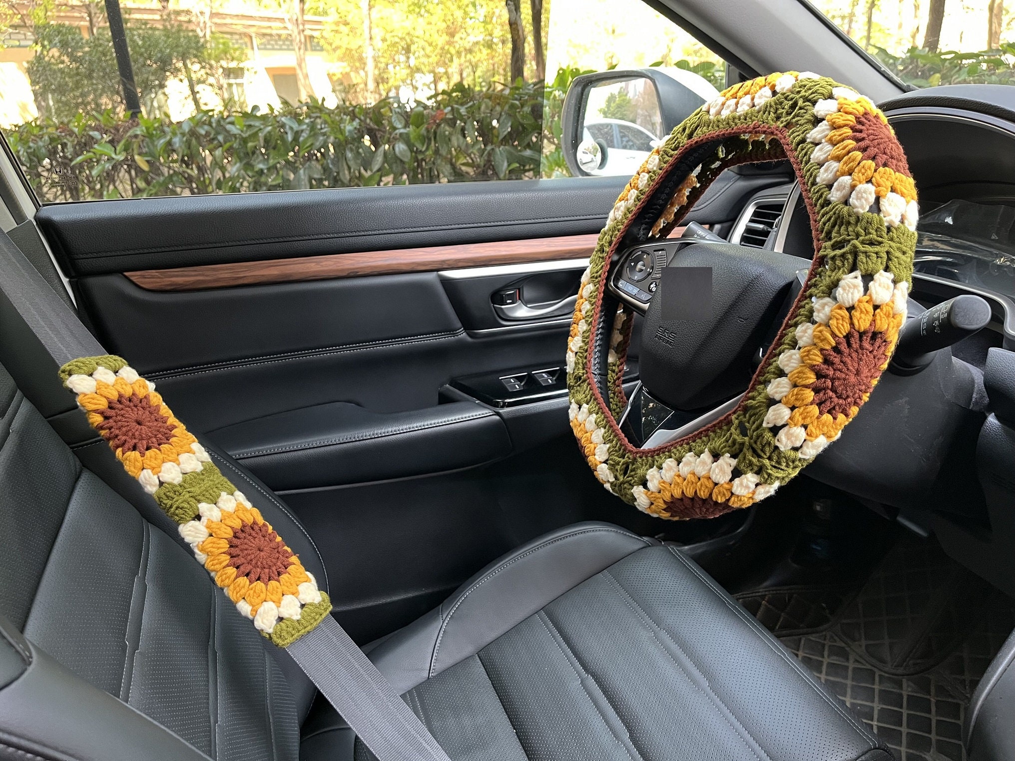 Sonnenblumen Auto Steuerrad Hülle,Gehäkelte Steuerrad Hülle,Blumen Gurthülle,Süße Steuerrad Hülle,Auto Zubehör