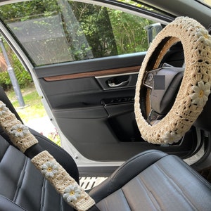 Crochet Car Steering Wheel Cover,3D Daisy Steering Wheel Cover,seat belt Cover,Cute Steering Wheel Cover,Car interior decorations