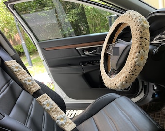 Crochet Car Steering Wheel Cover,3D Daisy Steering Wheel Cover,seat belt Cover,Cute Steering Wheel Cover,Car interior decorations