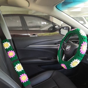 Crochet Sunflower Steering Wheel Cover: Handmade Car Accessory Gift