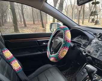 Sunflower Car Steering Wheel Cover,Crochet Steering Wheel Cover,Flower seat belt Cover,Cute Steering Wheel Cover,Car Accessories