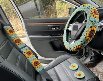 Sunflower Car Steering Wheel Cover,Crochet Steering Wheel Cover,Flower seat belt Cover,Cute Steering Wheel Cover,Car Accessories
