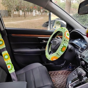 Car Steering Wheel Cover,Crochet Sunflower Steering Wheel Cover,Flower Seatbelt cover,Cute Steering Wheel Cover,car accessories