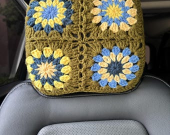 Crochet Sunflower Car Headrest Cover: Handmade Auto Interior Accessory