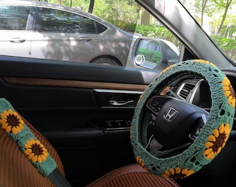 Crochet Steering Wheel Cover, Steering Wheel Cover,Sunflower Crochet Seat Belt Cover, Steering Wheel Cover Crochet , Crochet car accessories