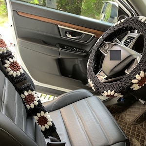 Sunflower Car Steering Wheel Cover,Crochet Steering Wheel Cover,seat belt Cover,Cute Steering Wheel Cover Black,Car Accessories