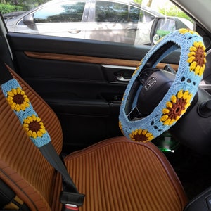 Sunflower Crochet Steering Wheel Cover,Crochet Seat Belt Cover,Women car accessories, Crochet car accessories,crochet gift