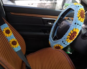 Sunflower Crochet Car Accessories: Steering Wheel and Seat Belt Cover