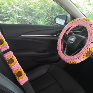 Crochet Sunflower Steering Wheel Cover,Steering Wheel Cover,Sunflower Seat Belt Cover,Pink Steering Wheel Cover for women,car accessories