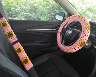 Crochet Sunflower Steering Wheel Cover: Pink Car Accessories