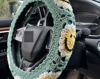 Crochet Sunflower Smiley Face Steering Wheel Cover: Women's Car Accessories