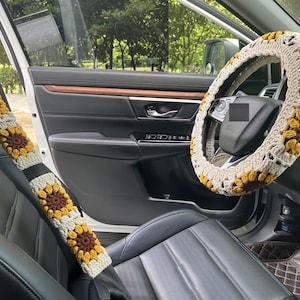 Zonnebloem stuurhoes auto, gehaakte stuurhoes, hoes veiligheidsgordel bloemen, leuke stuurhoes, auto-accessoires
