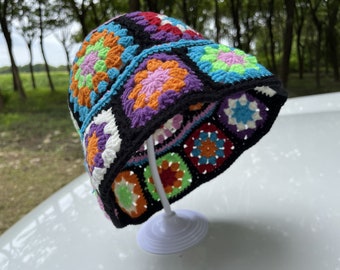 Sombrero de pescador cuadrado de abuela hecho a mano: colorido sombrero para el sol festivo.