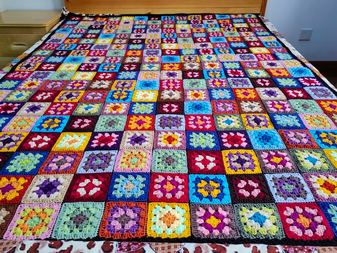 Handmade Crochet Throw Blanket, Granny Square Afghan, Vintage Afghan