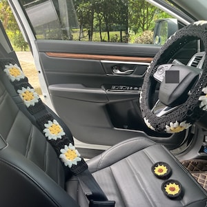Stuurhoes, gehaakte zonnebloem auto stuurhoes, schattige bloem veiligheidsgordel hoes, decoraties voor auto-interieuraccessoires