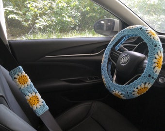 Steering wheel cover for women,car wheel cover crochet,Crochet car accessory boho,crochet car seat belt cover,crochet sunflower steer wheel