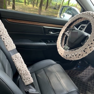 Car Steering Wheel Cover,Handmade Crochet Steering Wheel Cover,Flower seat belt Cover,Cute Steering Wheel Cover,Car Accessories,khaki